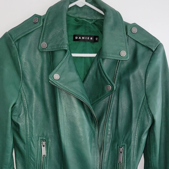 Danier Daria Emerald Green Leather Moto Jacket Size XS - Picture 13 of 13